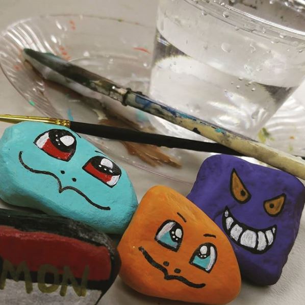 Rocks painted like Pokemon for an example of what we do in Pokemon Club!