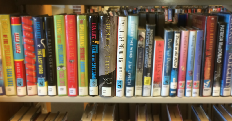 Books on a shelf, slightly blurred.