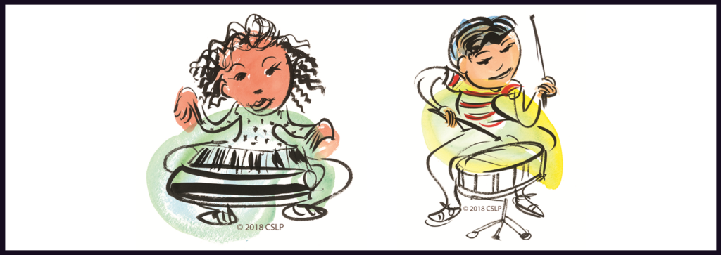 Girl playing a keyboard and a boy playing the drums. CSLP Artwork by Brian Pinkney