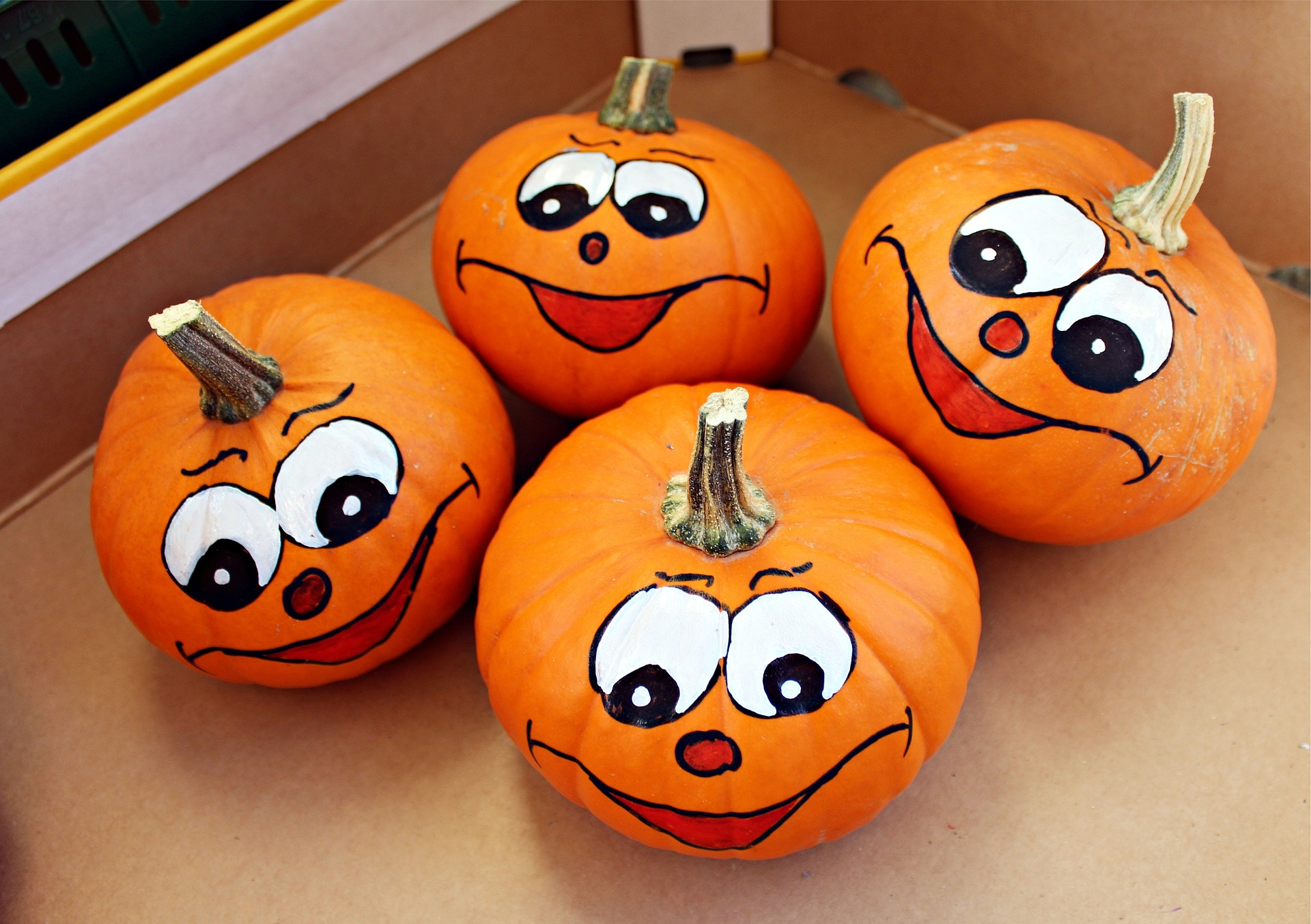 Pumpkins with silly expressions.