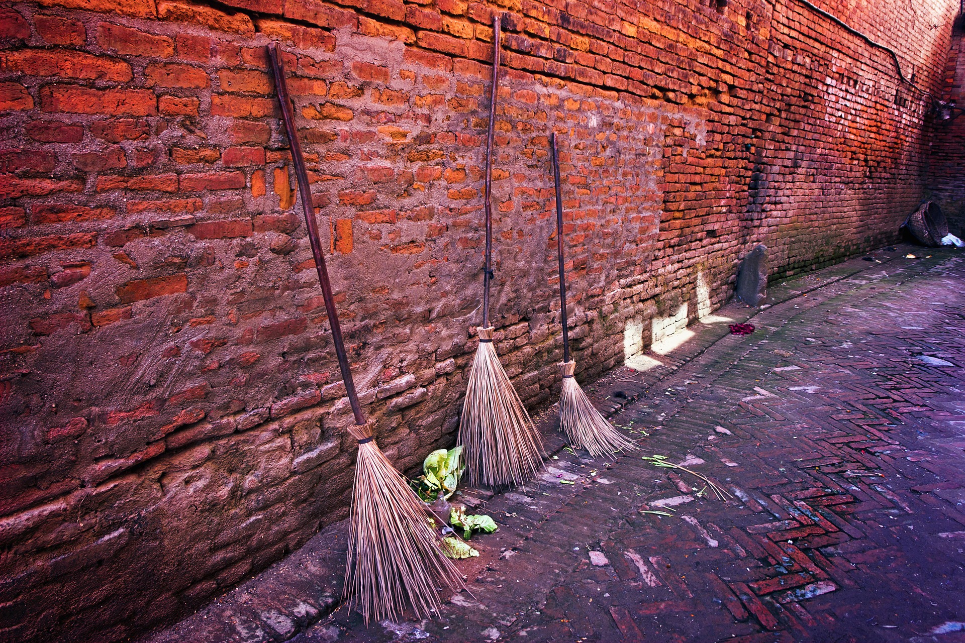 Brooms against a brick wall.