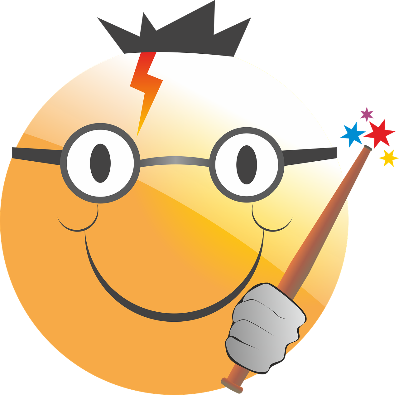 Smiley face with glasses, lightning scar, and wand.