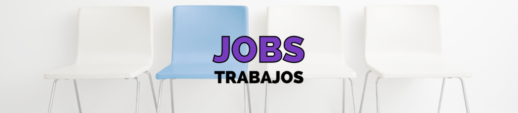 Several white chairs with a single blue chair. Says "Jobs / Trabajos"