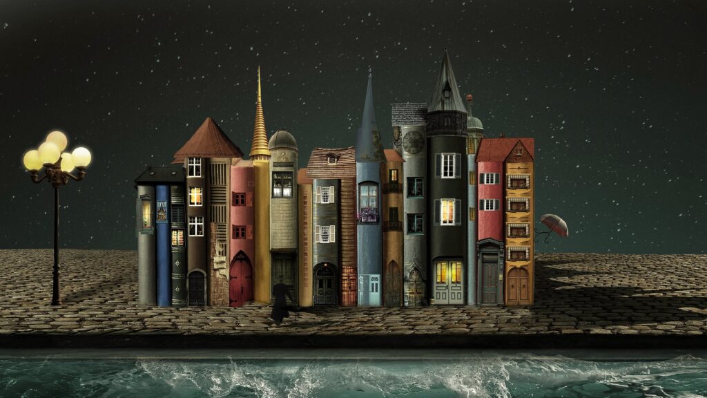 Books that are designed to look like row houses in a fantasy world.